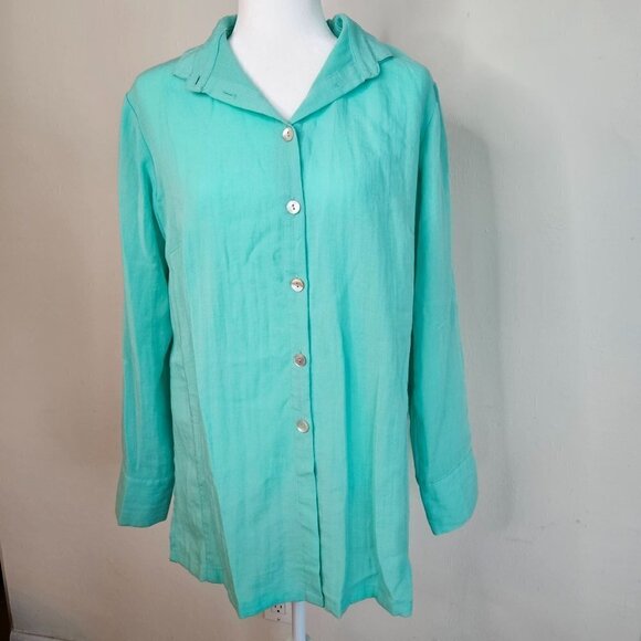 FRIDAZE Size Large Linen Wrinkle Resistant Redefined Tunic Turquoise Shirt - Picture 1 of 11